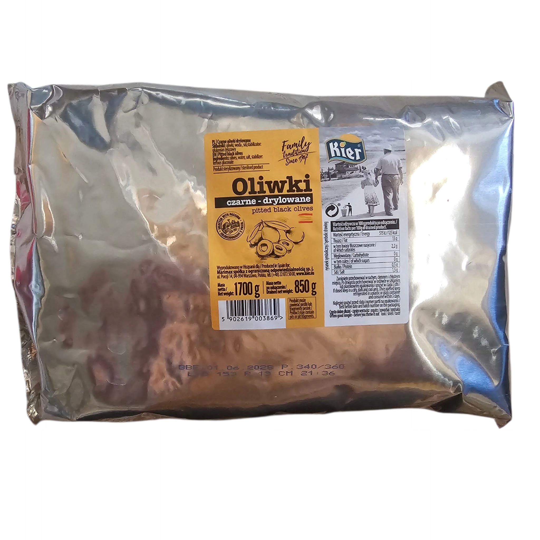 Hiszpańskie Oliwki Czarne Całe Drylowane W Worku 1700G/850 G